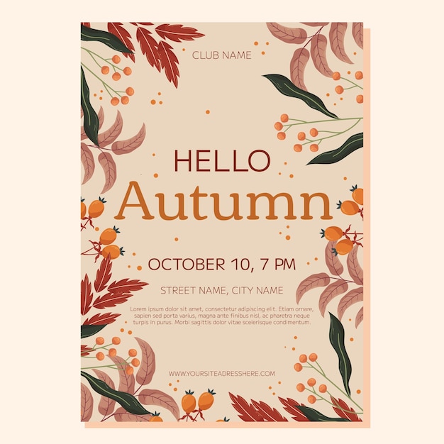 Hola plantilla de póster de la fiesta de otoño Marco hoja de arce y naranja baya hojas rojas y marrones rama