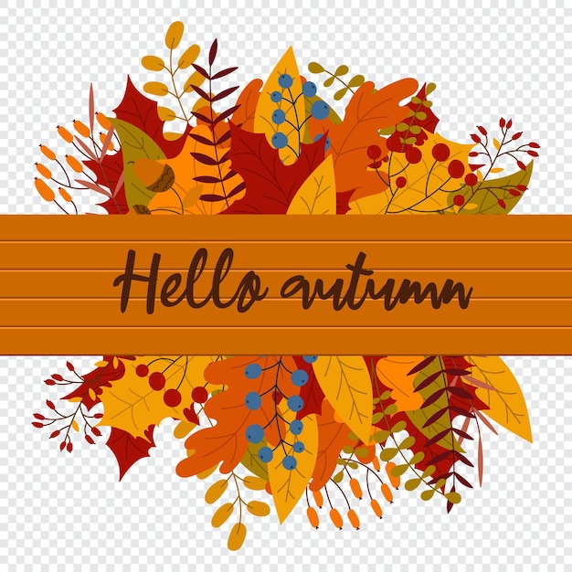 Hola postal de letras de otoño banner de vector de otoño de hojas y ramas caída de follaje otoñal y hojas populares diseño de otoño ilustración vectorial