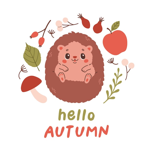 Hola postal de otoño con erizo Tarjeta de bosque con hojas y lindo animal del bosque en blanco