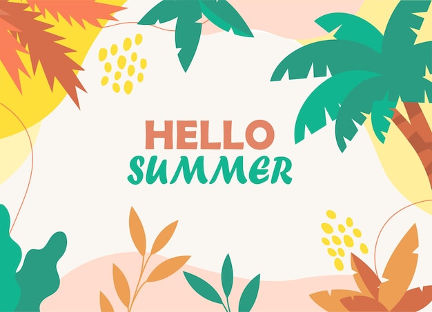 Hola póster de verano palmeras con hojas en fondo pastel lugar para texto y presentación tropical