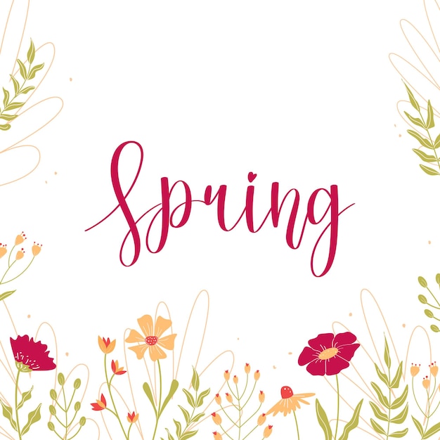 Hola primavera Banner de vector blanco con flores rosas y amarillas Flores y plantas aisladas planas