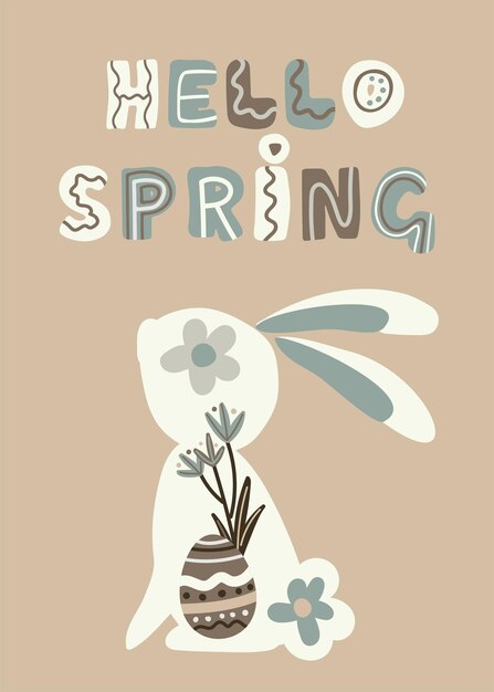 Hola a la primavera con el conejo y la ilustración del huevo de Pascua