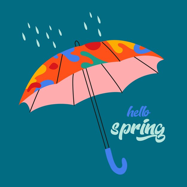 Hola Primavera dibujado a mano ilustración vectorial plana. Letras de temporada de primavera con paraguas para saludar.