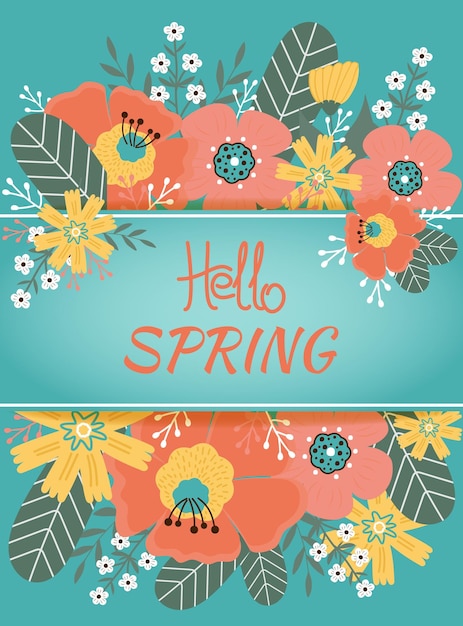 Vector hola primavera flores de primavera hojas banner postal cartel