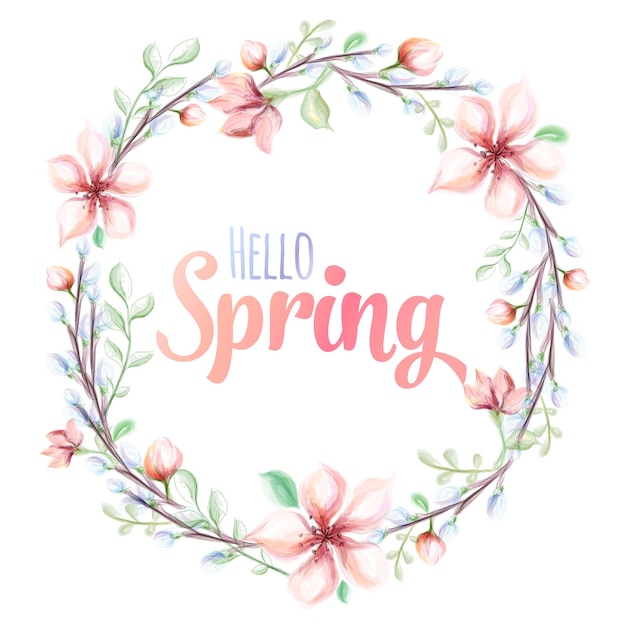 Hola primavera ilustración acuarela dibujada a mano. tarjeta de felicitación con corona de flores acuarela.