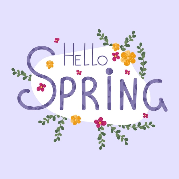 Hola primavera ilustración dibujada a mano con letras en punto blanco aislado de fondo púrpura claro