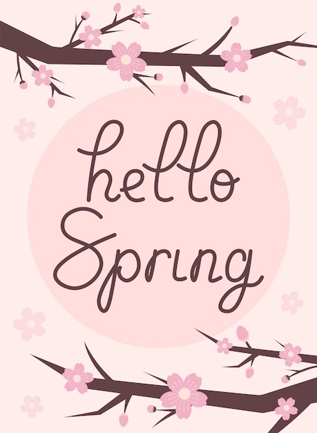 Vector hola primavera letras postal o banner con flor de cerezo ilustración vectorial en estilo plano