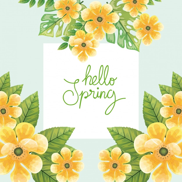 Hola primavera, letras primavera con flores de color amarillo y hojas ilustración de decoración de la naturaleza