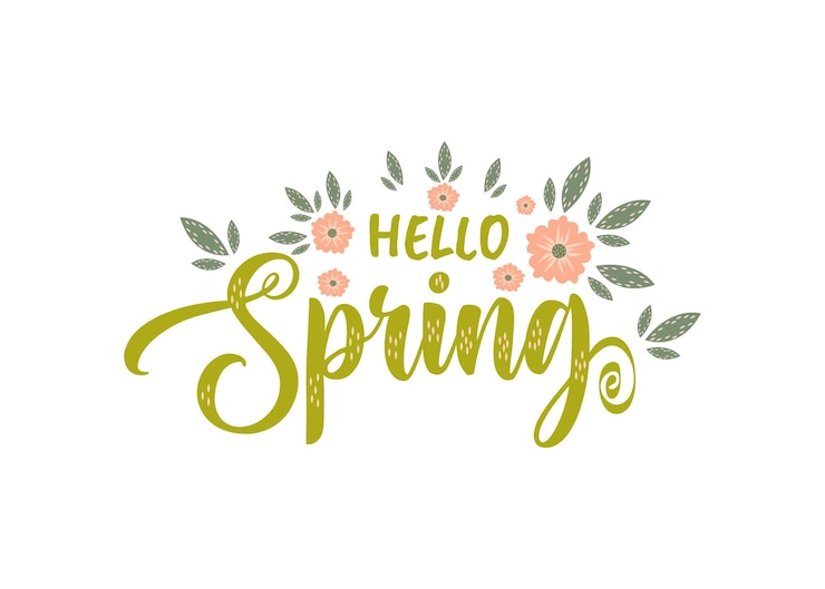Vector hola primavera logotipo dibujado a mano insignia icono tipografía letras temporada de primavera con flores