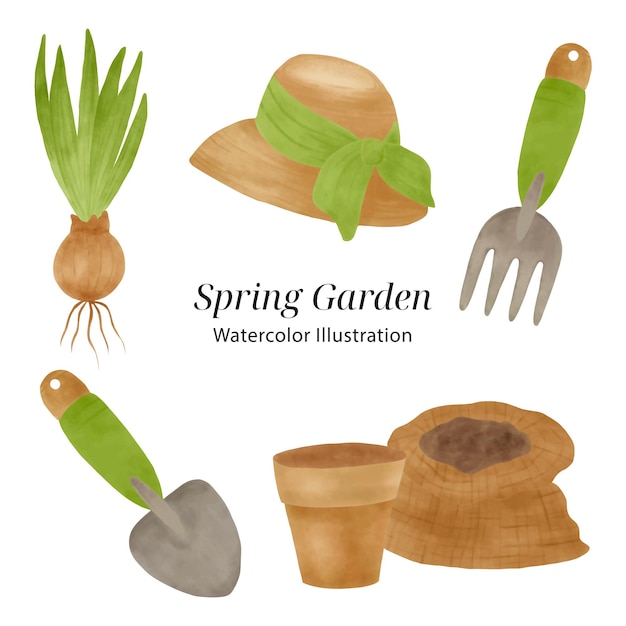Hola primavera naturaleza jardín herramienta y plantación diseño elemento vector acuarela ilustración