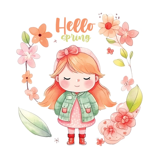 Vector hola primavera niña pintura de acuarela