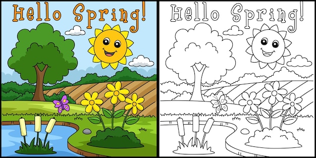 Hola Primavera Sol Sonriente Para Colorear Ilustración