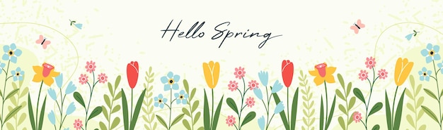 Hola primavera vector banner de primavera horizontal floral fondo verde tulipanes coloridas flores de primavera