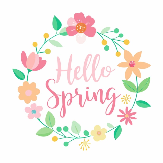 Vector hola primavera vector de texto escrito a mano rodeado de flores rosadas pastel y flores de cerezo