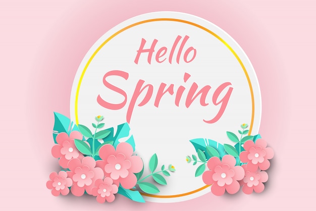Hola primavera venta de fondo con hermosas flores de papel.