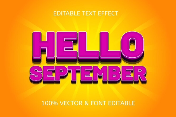 Vector hola septiembre color púrpura naranja efecto de texto editable