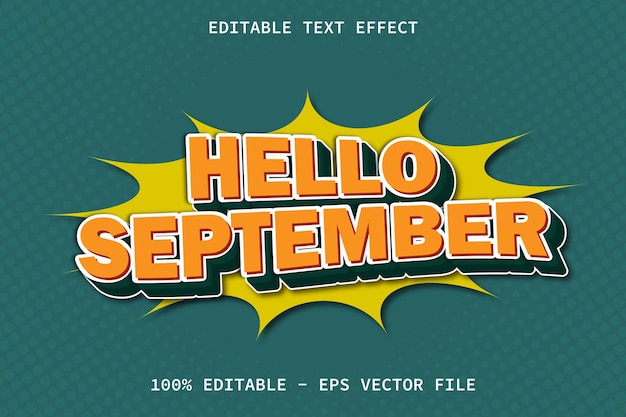 Hola septiembre con efecto de texto editable de estilo cómico