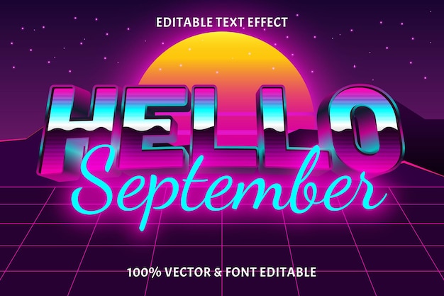 Hola septiembre efecto de texto editable estilo retro