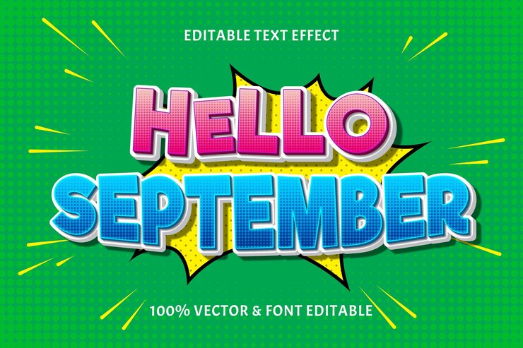 Vector hola septiembre efecto de texto editable