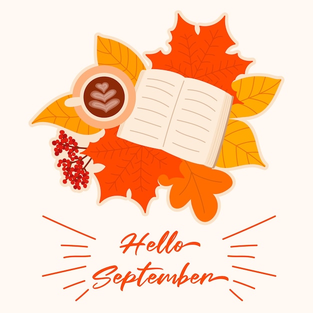 Vector hola septiembre con hojas de otoño libro taza de café.