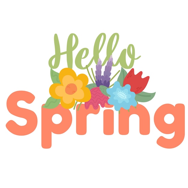 Hola Spring.Vector hola letras de primavera con flores