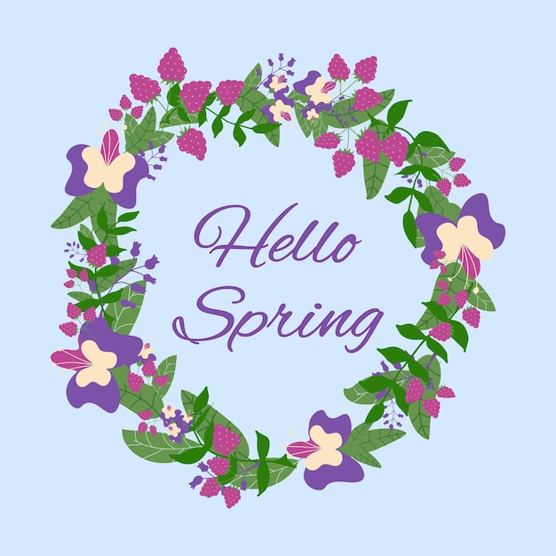Hola tarjeta de corona de primavera con flores y bayas