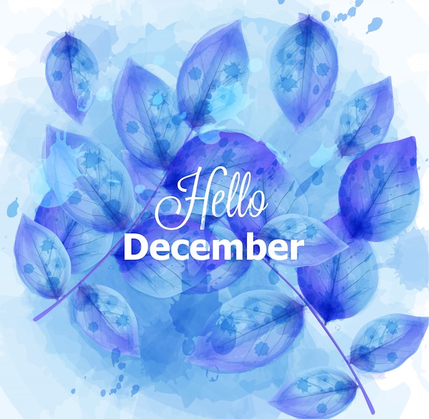 Hola tarjeta de diciembre con hojas azules.