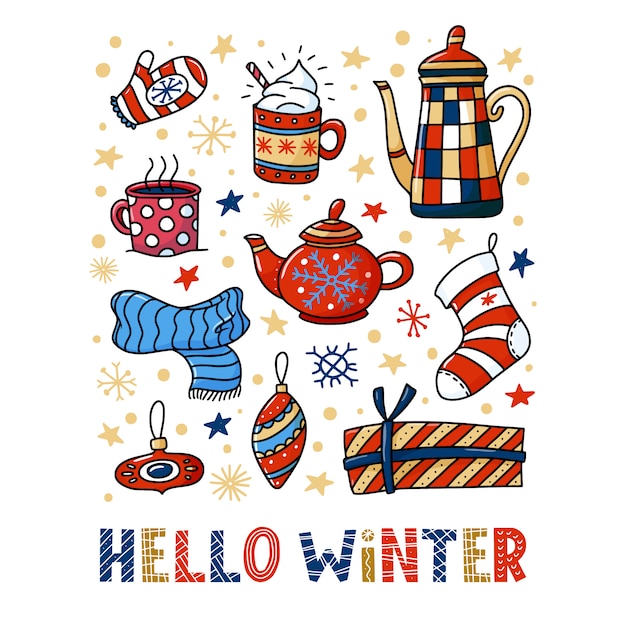 Hola tarjeta de felicitación de invierno con teteras y tazas, garabatos navideños y decoraciones