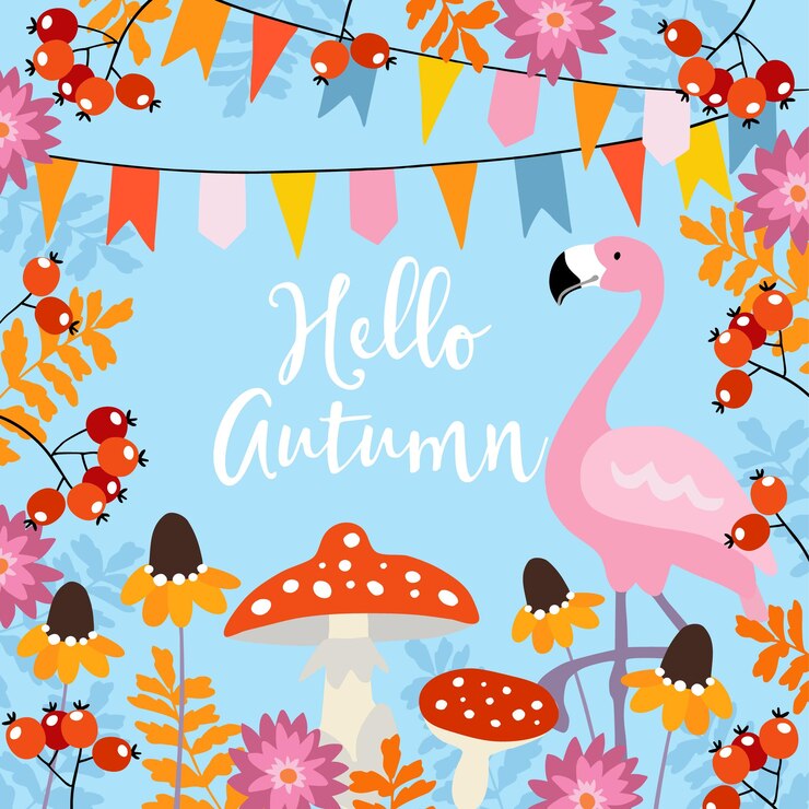 Vector hola tarjeta de felicitación de otoño con hojas dibujadas a mano bayas de serbal flores de susan de ojos negros invitación con pájaro flamenco y banderas de fiesta concepto de temporada de otoño fondo de ilustración vectorial