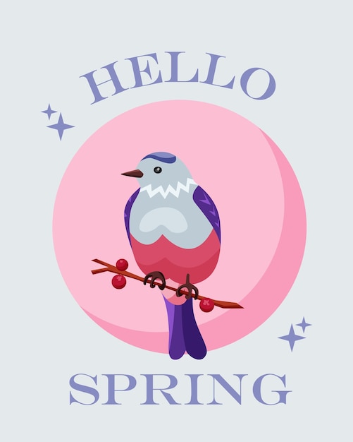 Hola tarjeta de felicitación de primavera con el comienzo de la primavera en fondo azul lindo pájaro pequeño