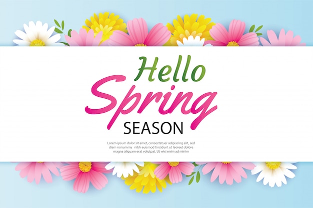 Hola tarjeta de felicitación de primavera y fondo de flores de invitación.