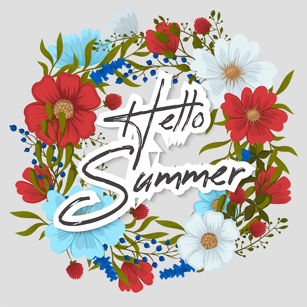 Hola tarjeta de felicitación de verano con flores.