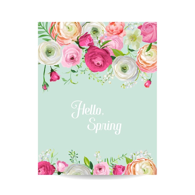 Hola tarjeta floral de primavera para decoración navideña. invitación de boda, plantilla de saludo con flores de color rosa en flor. ilustración vectorial