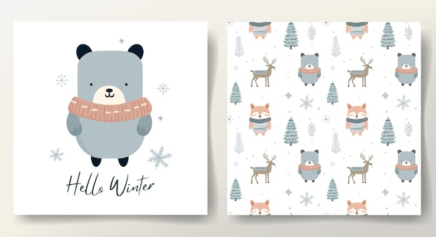 Hola tarjeta de invierno y patrón sin costuras con bonitos árboles de oso zorro plantilla de Navidad animales de invierno