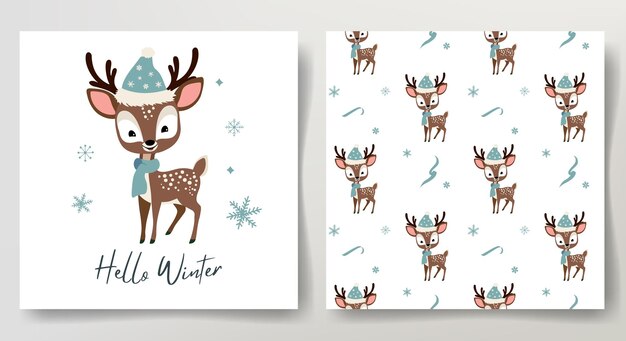 Hola tarjeta de invierno y patrón sin costuras con lindo reno plantilla de Navidad animales de invierno