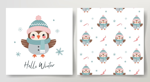 Hola tarjeta de invierno y patrón sin costuras simpático búho en ropa de invierno plantilla de Navidad animales de invierno