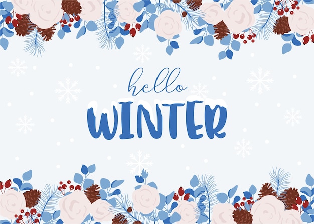 Hola tarjeta de letras de invierno con borde floral