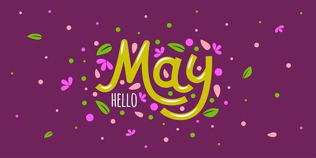 Hola tarjeta de mayo con pétalos de flores y hojas Citas inspiradoras dibujadas a mano con garabatos