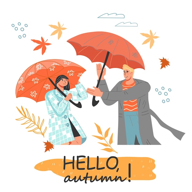 Hola tarjeta de otoño o plantilla de póster con pareja bajo la lluvia con sombrillas ilustración de vector de dibujos animados plana sobre fondo blanco Banner o póster de temporada de otoño