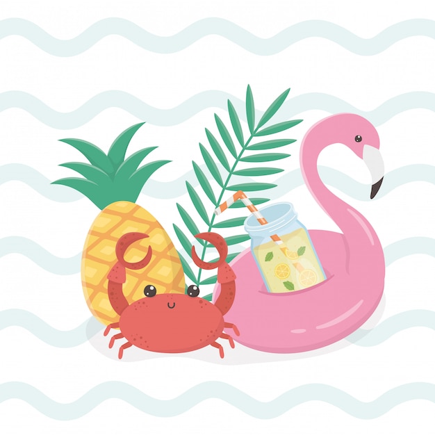 Hola tarjeta de verano con iconos de flotador flamenco