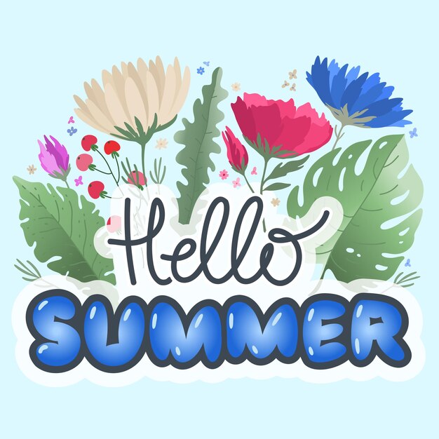 Hola, tarjeta de verano con letras florales.