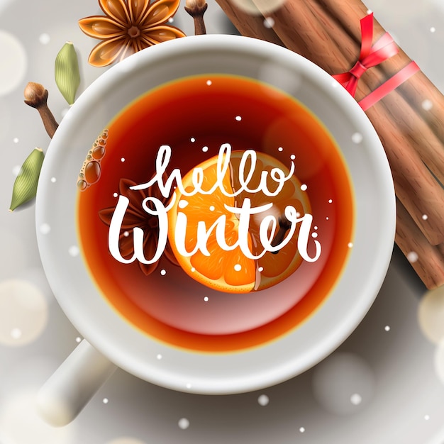 Vector hola té de invierno con canela y especias vector de la imagen