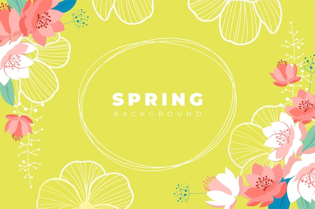 Hola temporada de primavera con marco y esquina de fondo de flores coloridas