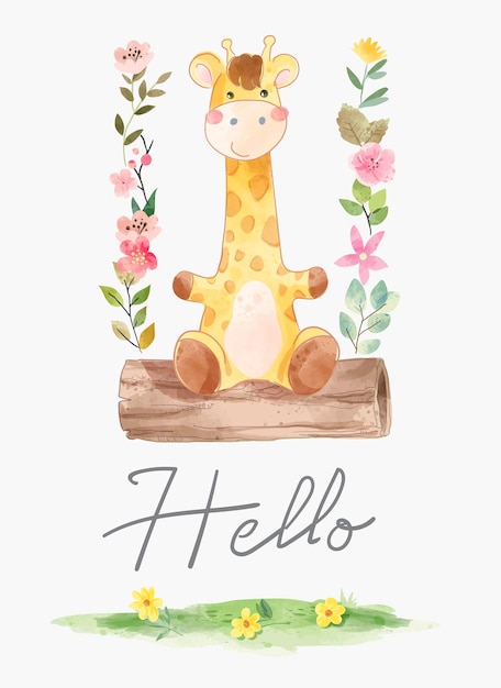 Hola texto de caligrafía con jirafa de dibujos animados en flores de colores ilustración de columpio