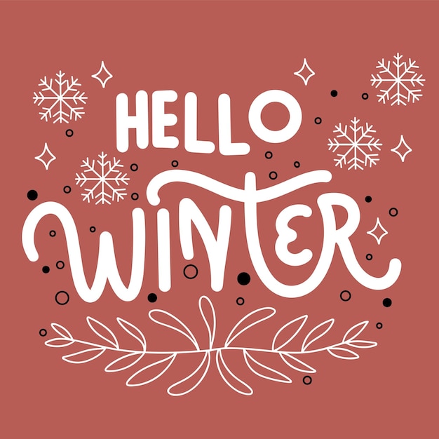 Hola texto de escritura a mano de invierno Hola logotipo de inscripción de invierno y emblemas para tarjetas de invitaciones