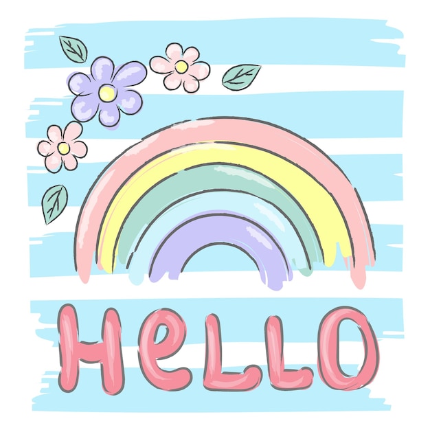 Hola, el texto de las letras de la caligrafía del arco iris y el arco iris de la ilustración para el contenido de las redes sociales o la tarjeta de felicitación para niños Diseño dibujado a mano por vectores