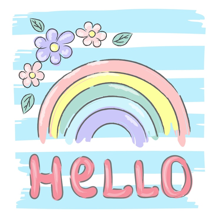 Vector hola, el texto de las letras de la caligrafía del arco iris y el arco iris de la ilustración para el contenido de las redes sociales o la tarjeta de felicitación para niños diseño dibujado a mano por vectores