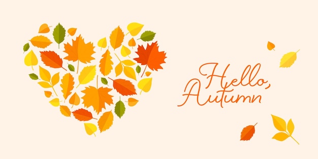 Hola texto de otoño con un corazón hecho de hojas de otoño pancarta vectorial