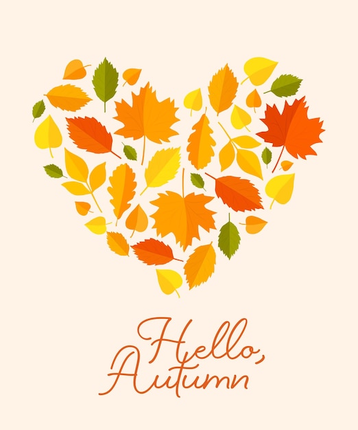 Hola texto de otoño con un corazón hecho de hojas de otoño tarjeta vectorial
