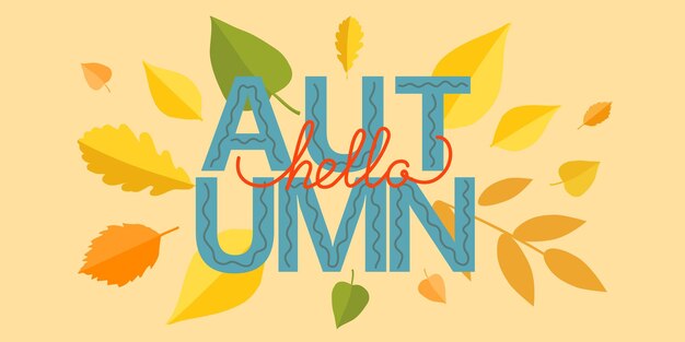 Hola texto de otoño en un fondo con coloridas hojas de otoño pancarta vectorial